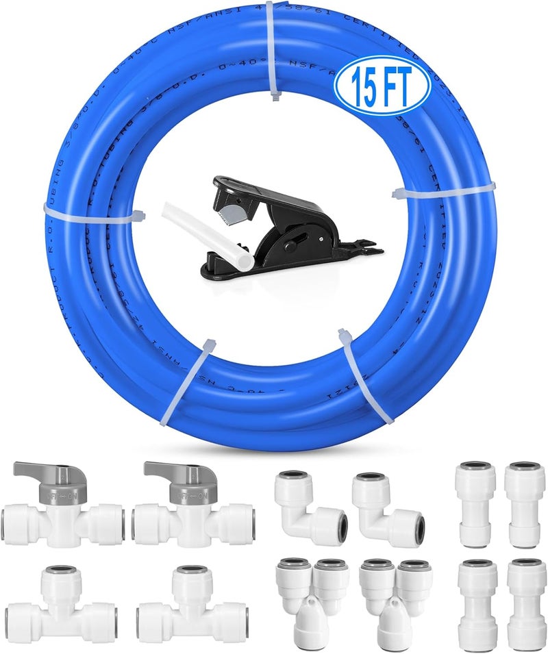 HAO CHEN 3/8" O.D.RO Water Tubing,15FT Food Grade PE Water Line+12Pcs 3/8" Quick Connect Fittings for RO Reverse Osmosis Water Purifier Filter System(Plastic Tubing+Ball Valve+T+Y+L+I+1/4"-3/8" fitting+Cutter) - Image 1
